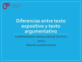 Diferencias entre texto
expositivo y texto
argumentativo
COMPRENSIÓNY REDACCIÓN DETEXTOS 1
2016-3
Material complementario
 