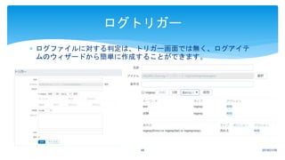  ログファイルに対する判定は、トリガー画面では無く、ログアイテ
ムのウィザードから簡単に作成することができます。
2018/01/0949
ログトリガー
 
