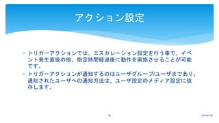  トリガーアクションでは、エスカレーション設定を行う事で、イベ
ント発生直後の他、指定時間経過後に動作を実施させることが可能
です。
 トリガーアクションが通知するのはユーザグループ/ユーザまであり、
通知されたユーザへの通知方法は、ユーザ設定のメディア設定に依
存します。
2018/01/0955
アクション設定
 