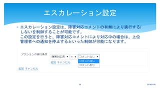  エスカレーション設定は、障害対応コメントの有無により実行する/
しないを制御することが可能です。
この設定を行うと、障害対応コメントにより対応中の場合は、上位
管理者への通知を停止するといった制御が可能になります。
2018/01/0958
エスカレーション設定
 
