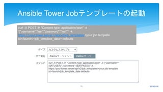 2018/01/0971
Ansible Tower Jobテンプレートの起動
curl -X POST -H "Content-type: application/json" -d
'{"username":"test","password":"test"}' -k
https://<your.tower.server.>/api/v2/job_templates/<your job template
id>/launch/<job_template_data> defaults
 