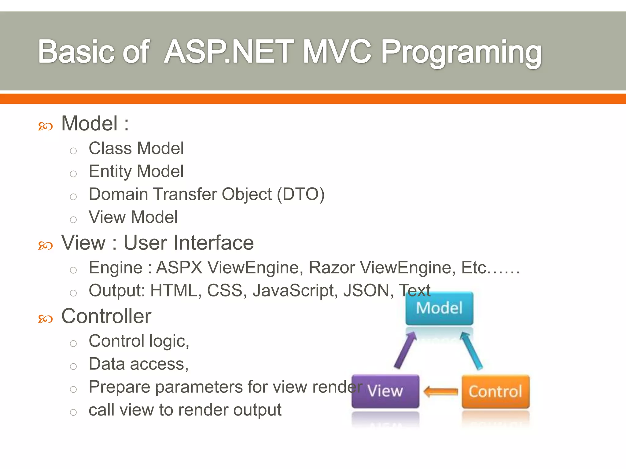    Model :
    o Class Model
    o Entity Model
    o Domain Transfer Object (DTO)
    o View Model
   View : User Interface
    o Engine : ASPX ViewEngine, Razor ViewEngine, Etc……
    o Output: HTML, CSS, JavaScript, JSON, Text
   Controller
    o Control logic,
    o Data access,
    o Prepare parameters for view render
    o call view to render output
 
