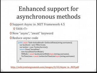 Enhanced support for
    asynchronous methods
0 Support Async in .NET Framework 4.5
   0 TASK<T>
0 New “async”, “await” keyword
0 Reduce async code
      public async Task<ActionResult> GetSocialDatas(string username){
        var facebook = new FBService();
        var twitter = new TwitterService();
        return View(“SocialData",
          new SocialDataViewModel {
          FBWalls = await facebook.GetWallsAsync(string username),
          TwTimeLines = await twitter.GetTimeLineAsync(string username)
        });
      }


http://wiki.jvmlangsummit.com/images/3/33/Async_in_.NET.pdf
 