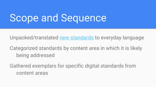 Scope and Sequence
Unpacked/translated new standards to everyday language
Categorized standards by content area in which it is likely
being addressed
Gathered exemplars for specific digital standards from
content areas
 