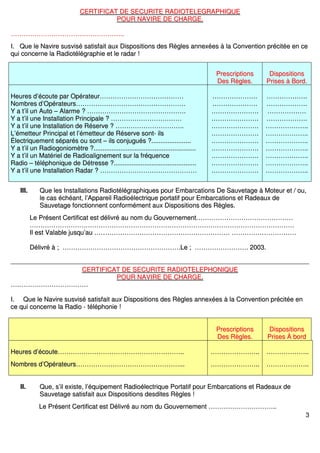 3
CCEERRTTIIFFIICCAATT DDEE SSEECCUURRIITTEE RRAADDIIOOTTEELLEEGGRRAAPPHHIIQQUUEE
PPOOUURR NNAAVVIIRREE DDEE CCHHAARRGGEE..
…………………………………………………………………………………………....
II.. QQuuee llee NNaavviirree ssuussvviisséé ssaattiissffaaiitt aauuxx DDiissppoossiittiioonnss ddeess RRèègglleess aannnneexxééeess àà llaa CCoonnvveennttiioonn pprréécciittééee eenn ccee
qquuii ccoonncceerrnnee llaa RRaaddiioottééllééggrraapphhiiee eett llee rraaddaarr !!
PPrreessccrriippttiioonnss
DDeess RRèègglleess..
DDiissppoossiittiioonnss
PPrriisseess àà BBoorrdd..
HHeeuurreess dd’’ééccoouuttee ppaarr OOppéérraatteeuurr……………………………………………………………………
NNoommbbrreess dd’’OOppéérraatteeuurrss…………………………………………………………………………………………
YY aa tt’’iill uunn AAuuttoo –– AAllaarrmmee ?? ………………………………………………………………………………..
YY aa tt’’iill uunnee IInnssttaallllaattiioonn PPrriinncciippaallee ?? …………………………………………………………
YY aa tt’’iill uunnee IInnssttaallllaattiioonn ddee RRéésseerrvvee ?? ……………………………………………………....
LL’’éémmeetttteeuurr PPrriinncciippaall eett ll’’éémmeetttteeuurr ddee RRéésseerrvvee ssoonntt-- iillss
ÉÉlleeccttrriiqquueemmeenntt ssééppaarrééss oouu ssoonntt –– iillss ccoonnjjuugguuééss ??............................................
YY aa tt’’iill uunn RRaaddiiooggoonniioommèèttrree ??..................................................................................................................
YY aa tt’’iill uunn MMaattéérriieell ddee RRaaddiiooaalliiggnneemmeenntt ssuurr llaa ffrrééqquueennccee
RRaaddiioo –– ttéélléépphhoonniiqquuee ddee DDééttrreessssee ??............................................................................................
YY aa tt’’iill uunnee IInnssttaallllaattiioonn RRaaddaarr ?? ………………………………………………………………………………
……………………………………
……………………………………
……………………………………..
……………………………………..
……………………………………..
……………………………………..
……………………………………..
……………………………………..
……………………………………..
……………………………………..
……………………………………..
………………………………..
………………………………..
………………………………
………………………………..
………………………………....
………………………………....
………………………………....
………………………………....
………………………………....
………………………………....
………………………………....
IIIIII.. QQuuee lleess IInnssttaallllaattiioonnss RRaaddiioottééllééggrraapphhiiqquueess ppoouurr EEmmbbaarrccaattiioonnss DDee SSaauuvveettaaggee àà MMootteeuurr eett // oouu,,
llee ccaass éécchhééaanntt,, ll’’AAppppaarreeiill RRaaddiiooéélleeccttrriiqquuee ppoorrttaattiiff ppoouurr EEmmbbaarrccaattiioonnss eett RRaaddeeaauuxx ddee
SSaauuvveettaaggee ffoonnccttiioonnnneenntt ccoonnffoorrmméémmeenntt aauuxx DDiissppoossiittiioonnss ddeess RRèègglleess..
LLee PPrréésseenntt CCeerrttiiffiiccaatt eesstt ddéélliivvrréé aauu nnoomm dduu GGoouuvveerrnneemmeenntt………………………………………………………………………………
…………………………………………………………………………………………………………………………………………………………………………………………………………………………
IIll eesstt VVaallaabbllee jjuussqquu’’aauu ……………………………………………………………………………………………………………… ……………………………………………………
DDéélliivvrréé àà ;; ………………………………………………………………………………………………..LLee ;; ………………………………………….. 22000033..
CCEERRTTIIFFIICCAATT DDEE SSEECCUURRIITTEE RRAADDIIOOTTEELLEEPPHHOONNIIQQUUEE
PPOOUURR NNAAVVIIRREE DDEE CCHHAARRGGEE..
………………………………………………………………
II.. QQuuee llee NNaavviirree ssuussvviisséé ssaattiissffaaiitt aauuxx DDiissppoossiittiioonnss ddeess RRèègglleess aannnneexxééeess àà llaa CCoonnvveennttiioonn pprréécciittééee eenn
ccee qquuii ccoonncceerrnnee llaa RRaaddiioo -- ttéélléépphhoonniiee !!
PPrreessccrriippttiioonnss
DDeess RRèègglleess..
DDiissppoossiittiioonnss
PPrriisseess ÀÀ bboorrdd
HHeeuurreess dd’’ééccoouuttee……………………………………………………………………………………………………....
NNoommbbrreess dd’’OOppéérraatteeuurrss……………………………………………………………………………………......
……………………………………....
……………………………………....
………………………………....
………………………………....
IIII.. QQuuee,, ss’’iill eexxiissttee,, ll’’ééqquuiippeemmeenntt RRaaddiiooéélleeccttrriiqquuee PPoorrttaattiiff ppoouurr EEmmbbaarrccaattiioonnss eett RRaaddeeaauuxx ddee
SSaauuvveettaaggee ssaattiissffaaiitt aauuxx DDiissppoossiittiioonnss ddeessddiitteess RRèègglleess !!
LLee PPrréésseenntt CCeerrttiiffiiccaatt eesstt DDéélliivvrréé aauu nnoomm dduu GGoouuvveerrnneemmeenntt ……………………………………………………....
 
