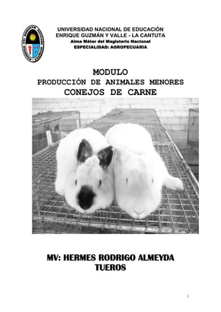 UNIVERSIDAD NACIONAL DE EDUCACIÓN
ENRIQUE GUZMÁN Y VALLE - LA CANTUTA
Alma Máter del Magisterio Nacional
ESPECIALIDAD: AGROPECUARIA

MODULO
PRODUCCIÓN DE ANIMALES MENORES

CONEJOS DE CARNE

MV: HERMES RODRIGO ALMEYDA
TUEROS
1

 