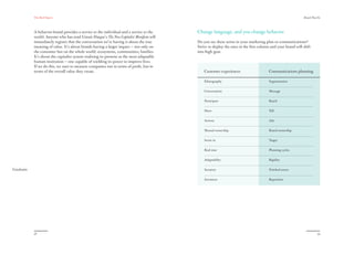 The Red Papers:
30
Behavior branding through archetypes
One way to be inspired is through the lens of archetypal thinking, as laid
out in Margaret Mark and Carol S. Pearson’s book, The Hero and the Outlaw.
While there are 12 canonical archetypes, we have focused on five as exam-
ples to get you started.
Explorer
Explorer brands like Patagonia, Starbucks, and Amazon enable
exploration of the world and, in the process, help people find themselves.
The Explorer’s brand behavior would mean serving as a catalyst for
adventure or becoming the friend that supports the quest for individuality.
Rapha is a global cycling gear brand that has done phenomenal brand
building over the past six to eight years through taking Explorer-inspired
actions. The brand has opened Rapha cafes cum cycling clubs, set up
local rides, created top-notch riding trips, and partnered with Strava GPS
run and ride trackers, all of which created relevant and useful content that
inspired a growing community around cycling.
Hero
Hero brands are vehicles to prove one’s worth through courageous
and difficult action, exerting mastery in a way that improves the world.
Consumers interested in Hero brands like Nike are hungry for powerful
convictions and attracted to people, companies, and brands that possess
them and, more importantly, take on the action themselves. If you are a
Hero brand, act like one.
American Express’s Small Business Saturday continues to represent
the kind of action that a Hero brand would take to help small U.S.
businesses. Small Business Saturday emerged during the worst of the
financial meltdown — when consumers and businesses alike were battered
by economic contraction. Rather than cost cutting and letting smaller
businesses weather the storm as best they could, American Express decided
to lend its coordinated, national, large-scale marketing prowess to these
critical businesses. It focused national attention on small businesses and
their role in our communities while also shoring up the brand’s penetration
Bringing
behavior
branding
to life
 