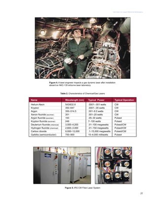 31
History of Laser Weapon Research
Figure 4. A laser engineer inspects a gas dynamic laser after installation
aboard an NKC-135 airborne laser laboratory.
Figure 5. IPG CW Fiber Laser System
 