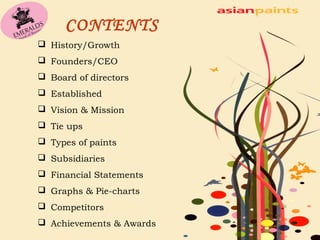 CONTENTS 
 History/Growth 
 Founders/CEO 
 Board of directors 
 Established 
 Vision & Mission 
 Tie ups 
 Types of paints 
 Subsidiaries 
 Financial Statements 
 Graphs & Pie-charts 
 Competitors 
 Achievements & Awards 
 