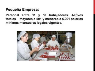 Pequeña Empresa:
Personal entre 11 y 50 trabajadores. Activos
totales mayores a 501 y menores a 5.001 salarios
mínimos mensuales legales vigentes.
 