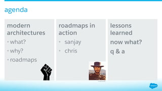 ​ modern
architectures
• what?
• why?
• roadmaps
​ roadmaps in
action
•  sanjay
•  chris
​ lessons
learned
​ now what?
q & a
agenda
United Artists
 