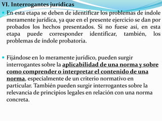 VI. Interrogantes jurídicas
 En esta etapa se deben de identificar los problemas de índole
meramente jurídica, ya que en el presente ejercicio se dan por
probados los hechos presentados. Si no fuese así, en esta
etapa puede corresponder identificar, también, los
problemas de índole probatoria.
 Fijándose en lo meramente jurídico, pueden surgir
interrogantes sobre la aplicabilidad de una norma y sobre
como comprender o interpretar el contenido de una
norma, especialmente de un criterio normativo en
particular. También pueden surgir interrogantes sobre la
relevancia de principios legales en relación con una norma
concreta.
 