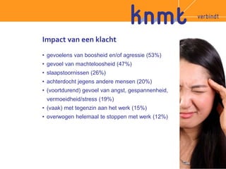 Impact van een klacht 
• gevoelens van boosheid en/of agressie (53%) 
• gevoel van machteloosheid (47%) 
• slaapstoornissen (26%) 
• achterdocht jegens andere mensen (20%) 
• (voortdurend) gevoel van angst, gespannenheid, 
vermoeidheid/stress (19%) 
• (vaak) met tegenzin aan het werk (15%) 
• overwogen helemaal te stoppen met werk (12%) 
 