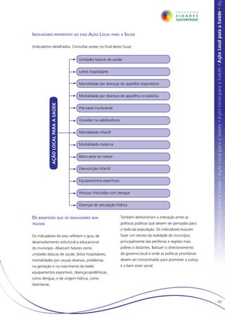 Indicadores referentes ao eixo Ação Local para a Saúde

(Indicadores detalhados: Consultar anexo no final deste Guia)


                                         Unidades básicas de saúde


                                         Leitos hospitalares


                                         Mortalidade por doenças do aparelho respiratório


                                         Mortalidade por doenças do aparelho circulatório
               AÇÃO LOCAL PARA A SAÚDE




                                         Pré-natal insuficiente


                                         Gravidez na adolescência


                                         Mortalidade infantil


                                         Mortalidade materna


                                         Baixo peso ao nascer


                                         Desnutrição infantil


                                         Equipamentos esportivos


                                         Pessoas infectadas com dengue


                                         Doenças de veiculação hídrica


Os benefícios que os indicadores nos                                Também demonstram a interação entre as
trazem                                                              politicas públicas que devem ser pensadas para
                                                                    o todo da população. Os indicadores buscam
Os indicadores do eixo refletem o grau de                           fazer um retrato da realidade do município,
desenvolvimento estrutural e educacional                            principalmente das periferias e regiões mais
do município. Abarcam fatores como                                  pobres e distantes. Balizam o direcionamento
unidades básicas de saúde, leitos hospitalares,                     do governo local e onde as políticas prioritárias
mortalidades por causas diversas, problemas                         devem ser concentradas para promover a justiça
na gestação e no nascimento do bebê,                                e o bem estar social.
equipamentos esportivos, doenças epidêmicas,
como dengue, e de origem hídrica, como
disenterias.



                                                                                                                        107
 