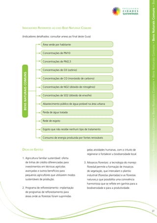 ens Naturais Comuns • Bens Naturais Comuns • Bens Naturais Comuns • Bens Naturais Comuns • Bens Naturais Comuns • Bens Naturais Comuns • Be
Indicadores Referentes ao eixo Bens Naturais Comuns

(Indicadores detalhados: consultar anexo ao final deste Guia)


                          Área verde por habitante


                          Concentrações de PM10


                          Concentrações de PM2,5


                          Concentrações de O3 (ozônio)
BENS NATURAIS COMUNS




                          Concentrações de CO (monóxido de carbono)


                          Concentrações de NO2 (dióxido de nitrogênio)


                          Concentrações de SO2 (dióxido de enxofre)


                          Abastecimento público de água potável na área urbana


                          Perda de água tratada


                          Rede de esgoto


                          Esgoto que não recebe nenhum tipo de tratamento


                          Consumo de energia produzida por fontes renováveis



Dicas de Gestão                                                pelas atividades humanas, com o intuito de
                                                               regenerar e fortalecer a biodiversidade local.
1.	Agricultura familiar sustentável: oferta
           de linhas de crédito diferenciadas para          3.	Mosaicos florestais: a tecnologia do manejo
           investimentos em técnicas agrícolas                 florestal permite a formação de mosaicos
           avançadas e outros benefícios para                  de vegetação, que intercalam o plantio
           pequenos agricultores que utilizarem modos          industrial (florestas plantadas) e as florestas
           sustentáveis de produção.                           naturais,o que possibilita uma convivência
                                                               harmoniosa que se reflete em ganhos para a
2.	Programa de reflorestamento: implantação                    biodiversidade e para a produtividade.
           de programas de reflorestamento para
           áreas onde as florestas foram suprimidas




                                                                                                                                    27
 