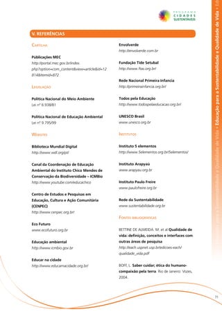 abilidade e Qualidade de Vida • Educação para a Sustentabilidade e Qualidade de Vida • Educação para a Sustentabilidade e Qualidade de Vida • Ed
V. REFERÊNCIAS

Cartilha                                    Envolverde
                                            http://envolverde.com.br
Públicações MEC
http://portal.mec.gov.br/index.             Fundação Tide Setubal
php?option=com_content&view=article&id=12   http://www.ftas.org.br/
814&Itemid=872
                                            Rede Nacional Primeira Infancia
Legislação                                  http://primeirainfancia.org.br/


Política Nacional do Meio Ambiente          Todos pela Educação
Lei nº 6.938/81                             http://www.todospelaeducacao.org.br/


Política Nacional de Educação Ambiental     UNESCO Brasil
Lei nº 9.795/99                             www.unesco.org.br


Websites                                    Institutos

Biblioteca Mundial Digital                  Instituto 5 elementos
http://www.wdl.org/pt/                      http://www.5elementos.org.br/5elementos/


Canal da Coordenação de Educação            Instituto Arapyaú
Ambiental do Instituto Chico Mendes de      www.arapyau.org.br
Conservação da Biodiversidade – ICMBio
http://www.youtube.com/educachico           Instituto Paulo Freire
                                            www.paulofreire.org.br
Centro de Estudos e Pesquisas em
Educação, Cultura e Ação Comunitária        Rede da Sustentabilidade
(CENPEC)                                    www.sustentabilidade.org.br
http://www.cenpec.org.br/
                                            Fontes bibliográficas
Eco Futuro
www.ecofuturo.org.br                        BETTINE DE ALMEIDA. M. et al Qualidade de
                                            vida: definição, conceitos e interfaces com
Educação ambiental                          outras áreas de pesquisa
http://www.icmbio.gov.br                    http://each.uspnet.usp.br/edicoes-each/
                                            qualidade_vida.pdf
Educar na cidade
http://www.educarnacidade.org.br/           BOFF, L. Saber cuidar; ética do humano-
                                            compaixão pela terra. Rio de Janeiro: Vozes,
                                            2004.




                                                                                                           71
 