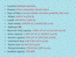 • Location Idukki,Kerala,India
• Purpose: Power Generation, Flood Control
• Type of Dam: Concrete, double curvature parabolic, thin arch.
• Height :168.91 m (554 ft)
• Length :365.85 m (1,200 ft)
• Dam volume: 450,000 m3 (16,000,000 cu ft)
• Spillways: Nil
• Reservoir Total capacity: 1,996×106 m3 (1,618,184 acre·ft)
• Active capacity :1,459×106 m3 (1,182,831 acre·ft)
• Inactive capacity: 536×106 m3 (434,542 acre·ft)
• Catchment Area: 649.3 km2 (251 sq mi)
• Surface area :60 km2 (23 sq mi)
• Normal elevation :732.62 km2 (283 sq mi)
• Installed capacity :780 MW
 