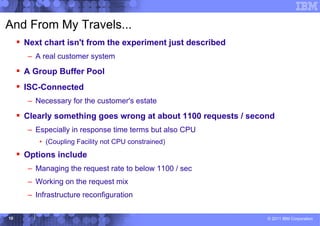 And From My Travels...
      Next chart isn't from the experiment just described
       – A real customer system
      A Group Buffer Pool
      ISC-Connected
       – Necessary for the customer's estate
      Clearly something goes wrong at about 1100 requests / second
       – Especially in response time terms but also CPU
          • (Coupling Facility not CPU constrained)
      Options include
       – Managing the request rate to below 1100 / sec
       – Working on the request mix
       – Infrastructure reconfiguration

10                                                               © 2011 IBM Corporation
 