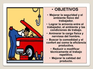 • OBJETIVOS
• Mejorar la seguridad y el
ambiente físico del
trabajador.
• Lograr la armonía entre el
trabajador, el ambiente y las
condiciones de trabajo.
• Aminorar la carga física y
nerviosa del hombre.
• Buscar la comodidad y el
confort así como la eficiencia
productiva.
• Reducir o modificar
técnicamente el trabajo
repetitivo.
• Mejorar la calidad del
producto.
 