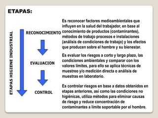 ETAPAS:
Es reconocer factores medioambientales que
influyen en la salud del trabajador, en base al
conocimiento de productos (contaminantes),
métodos de trabajo procesos e instalaciones
(análisis de condiciones de trabajo) y los efectos
que producen sobre el hombre y su bienestar.
Es evaluar los riesgos a corto y largo plazo, las
condiciones ambientales y comparar con los
valores límites, para ello se aplica técnicas de
muestreo y/o medición directa o análisis de
muestras en laboratorio.
Es controlar riesgos en base a datos obtenidos en
etapas anteriores, así como las condiciones no
higiénicas, utiliza métodos para eliminar causas
de riesgo y reduce concentración de
contaminantes a límite soportable por el hombre.
 
