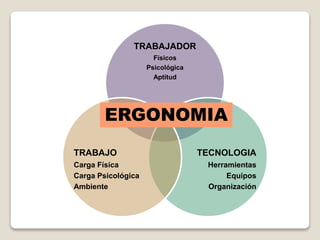 TRABAJADOR
Físicos
Psicológica
Aptitud
TECNOLOGIA
Herramientas
Equipos
Organización
TRABAJO
Carga Física
Carga Psicológica
Ambiente
ERGONOMIA
 