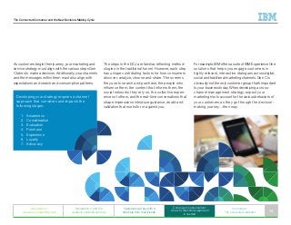 The Connected Consumer and the New Decision-Making Cycle
For example, IBM offers a suite of IBM ExperienceOne
solutions that helps you engage customers in
highly relevant, interactive dialogues across digital,
social and traditional marketing channels. Gen C is
obviously not the only customer group that’s important
to your business today. When developing a cross-
channel management strategy, expect your
marketing mix to account for the various behaviors of
your customers as they go through the decision-
making journey…their way.
As customers begin their journey, your marketing and
service strategy must align with the various steps Gen
C takes to make a decision. Additionally, your channels
and the messages within them must also align with
expectations and search and consumption patterns.
The steps in the DCJ are familiar, reflecting method-
ologies in the traditional funnel. However, each step
has unique contributing factors for how consumers
discover, analyze, choose and share. The screens
they use to search and purchase, the people who
influence them, the content that informs them, the
social networks they rely on, the collective experi-
ences of others, and the real-time conversations that
shape impressions introduce guidance, doubt and
validation that works for or against you.
Developing your strategy requires a channel
approach that considers and impacts the
following stages:
1.	 Awareness
2.	 Consideration
3.	 Evaluation
4.	 Purchase
5.	 Experience
6.	 Loyalty
7.	 Advocacy
Generation C
weaves an interesting web
Generation C and the
dynamic customer journey
Customers get buy with a
little help from their friends
C change in consumerism:
A new bi-directional approach
is needed
In summary:
The connected marketer 14
 
