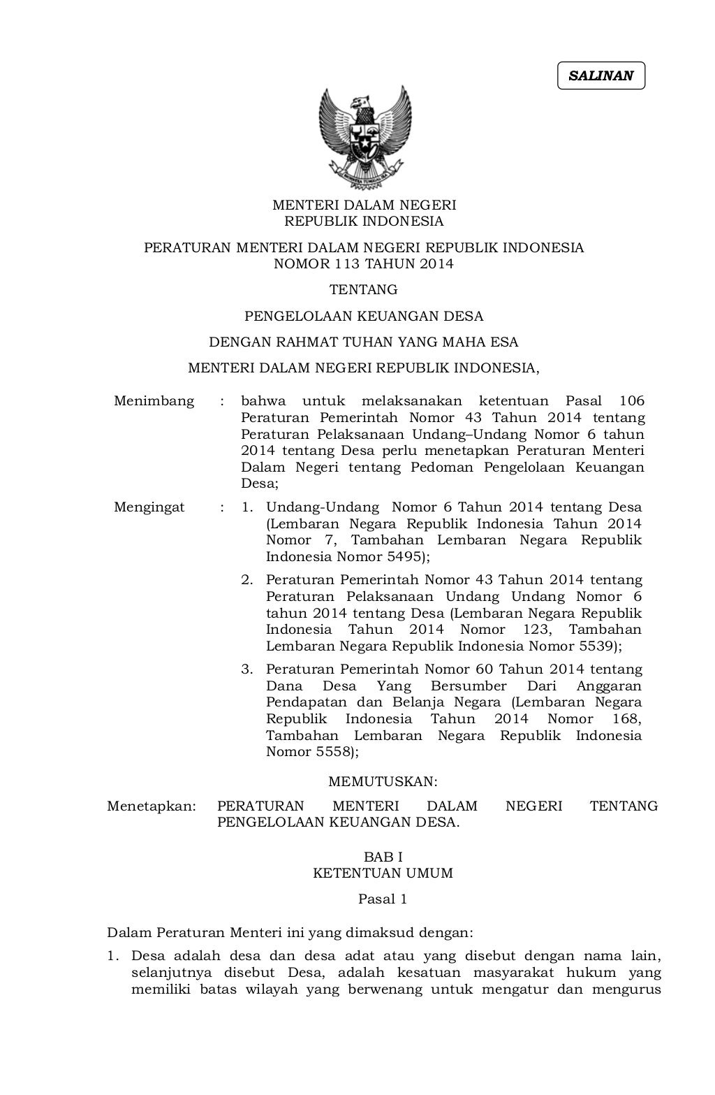 Permendagri 113th2014 Pengelolaan Keuangan Desa