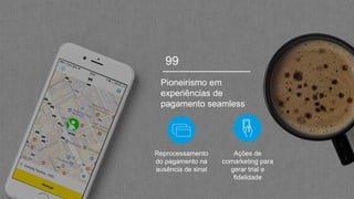 Reprocessamento
do pagamento na
ausência de sinal
Pioneirismo em
experiências de
pagamento seamless
99
Ações de
comarketing para
gerar trial e
fidelidade
 