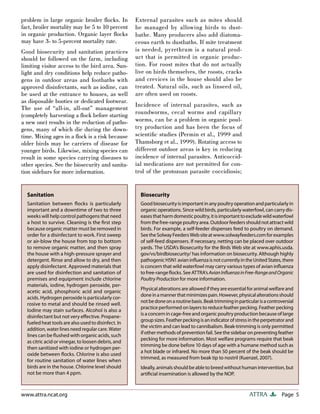 Page 5ATTRAwww.attra.ncat.org
problem in large organic broiler ﬂocks. In
fact, broiler mortality may be 5 to 10 percent
in organic production. Organic layer ﬂocks
may have 3- to 5-percent mortality rate.
Good biosecurity and sanitation practices
should be followed on the farm, including
limiting visitor access to the bird area. Sun-
light and dry conditions help reduce patho-
gens in outdoor areas and footbaths with
approved disinfectants, such as iodine, can
be used at the entrance to houses, as well
as disposable booties or dedicated footwear.
The use of “all-in, all-out” management
(completely harvesting a ﬂock before starting
a new one) results in the reduction of patho-
gens, many of which die during the down-
time. Mixing ages in a ﬂock is a risk because
older birds may be carriers of disease for
younger birds. Likewise, mixing species can
result in some species carrying diseases to
other species. See the biosecurity and sanita-
tion sidebars for more information.
External parasites such as mites should
be managed by allowing birds to dust-
bathe. Many producers also add diatoma-
ceous earth to dustbaths. If mite treatment
is needed, pyrethrum is a natural prod-
uct that is permitted in organic produc-
tion. For roost mites that do not actually
live on birds themselves, the roosts, cracks
and crevices in the house should also be
treated. Natural oils, such as linseed oil,
are often used on roosts.
Incidence of internal parasites, such as
roundworms, cecal worms and capillary
worms, can be a problem in organic poul-
try production and has been the focus of
scientiﬁc studies (Permin et al., 1999 and
Thamsborg et al., 1999). Rotating access to
different outdoor areas is key in reducing
incidence of internal parasites. Anticoccid-
ial medications are not permitted for con-
trol of the protozoan parasite coccidiosis;
Sanitation
Sanitation between ﬂocks is particularly
important and a downtime of two to three
weeks will help control pathogens that need
a host to survive. Cleaning is the ﬁrst step
because organic matter must be removed in
order for a disinfectant to work. First sweep
or air-blow the house from top to bottom
to remove organic matter, and then spray
the house with a high-pressure sprayer and
detergent. Rinse and allow to dry, and then
apply disinfectant. Approved materials that
are used for disinfection and sanitation of
premises and equipment include chlorine
materials, iodine, hydrogen peroxide, per-
acetic acid, phosphoric acid and organic
acids. Hydrogen peroxide is particularly cor-
rosive to metal and should be rinsed well.
Iodine may stain surfaces. Alcohol is also a
disinfectant but not very eﬀective. Propane-
fueled heat tools are also used to disinfect. In
addition, water lines need regular care. Water
lines can be ﬂushed with organic acids, such
as citric acid or vinegar, to loosen debris, and
then sanitized with iodine or hydrogen per-
oxide between ﬂocks. Chlorine is also used
for routine sanitation of water lines when
birds are in the house. Chlorine level should
not be more than 4 ppm.
Biosecurity
Goodbiosecurityisimportantinanypoultryoperationandparticularlyin
organic operations. Since wild birds, particularly waterfowl, can carry dis-
easesthatharmdomesticpoultry,itisimportanttoexcludewildwaterfowl
fromthefree-rangepoultryarea.Outdoorfeedersshouldnotattractwild
birds. For example, a self-feeder dispenses feed to poultry on demand.
SeetheSolwayFeedersWebsiteatwww.solwayfeeders.comforexamples
of self-feed dispensers. If necessary, netting can be placed over outdoor
yards. The USDA’s Biosecurity for the Birds Web site at www.aphis.usda.
gov/vs/birdbiosecurity/ has information on biosecurity. Although highly
pathogenicH5N1avianinﬂuenzaisnotcurrentlyintheUnitedStates,there
is concern that wild waterfowl may carry various types of avian inﬂuenza
tofree-rangeﬂocks.SeeATTRA’sAvianInﬂuenzainFree-RangeandOrganic
Poultry Production for more information.
Physicalalterationsareallowediftheyareessentialforanimalwelfareand
doneinamannerthatminimizespain.However,physicalalterationsshould
notbedoneonaroutinebasis.Beaktrimminginparticularisacontroversial
practice performed on layers to reduce feather pecking. Feather pecking
isaconcernincage-freeandorganicpoultryproductionbecauseoflarge
groupsizes.Featherpeckingisanindicatorofstressintheperpetratorand
the victim and can lead to cannibalism. Beak-trimming is only permitted
ifothermethodsofpreventionfail.Seethesidebaronpreventingfeather
pecking for more information. Most welfare programs require that beak
trimming be done before 10 days of age with a humane method such as
a hot blade or infrared. No more than 50 percent of the beak should be
trimmed, as measured from beak tip to nostril (Kuenzel, 2007).
Ideally,animalsshouldbeabletobreedwithouthumanintervention,but
artiﬁcial insemination is allowed by the NOP.
 