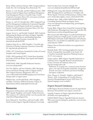 Page 10 ATTRA Organic Pumpkin and Winter Squash Marketing and Production
Reeves, Walter, and Erica Glasener. 2004. Georgia Gardeners
Guide. Rev. Ed. Cool Springs Press, Brentwood, TN.
Reiners, S., C.H. Petzoldt, and M.P. Hoffmann (eds.). 2009.
Resource Guide for Organic Insect and Disease Management:
Crop Management Practices, Cucurbit Crops. Cornell
Cooperative Extension, Ithaca, NY. www.nysaes.cornell.edu/
pp/resourceguide/pdf/cucurbit.pdf
Reiners, S., and C.H. Petzoldt (eds.). 2009. Integrated Crop
and Pest Management Guidelines for Commercial Vegetable
Production: Cornell Organic Guide for Cucumbers and
Squash. Cornell Cooperative Extension, Ithaca, NY. 50 p.
www.nysaes.cornell.edu/recommends
Sargent, Steven A., and Danielle Treadwell. 2009. Guide for
Maintaining the Quality and Safety of Organic Vegetables
and Melons During Harvest and Handling Operations.
University of Florida Extension, Gainesville, FL.
http://edis.ifas.ufl.edu/HS396
Stephens, James M. rev. 2009. Pumpkin—Cucurbita spp.
University of Florida Cooperative Extension, Gainesville,
FL. http://edis.ifas.ufl.edu/mv116
USDA. 1957. United States Standards for Grades of Canned
Pumpkin and Canned Squash.
USDA. 1983 (reproduced 1997). United States Standards
for Grades of Fall and Winter Type Squash and Pumpkin.
Fresh products.
USDA/NASS. 2009. Vegetable Production Statistics.
www.nass.usda.gov/index
Van Tine, Melissa, and Sven Verlinden. 2003. Managing
Insects and Disease Damage under an Organic System.
West Virginia Extension, Morgantown, WV. 3 p.
www.scribd.com/doc/34478290/managing-insects-and-disease-
damage-under-an-organic-system
Wolford, Ron, and Drusilla Banks. 2010. Pumpkins
and More. University of Illinois Extension, Urbana, IL.
http://urbanext.illinois.edu/pumpkins/varieties.cfm
Resources
Department of Horticulture and Landscape Architecture.
2009. Squash, Pumpkins, and Gourds. Purdue University,
West Lafayette, IN. Collection of links. www.hort.purdue.edu/
rhodcv/hort410/squash/squash.htm
Estes, Edmund A., Tony Kleese, and Laura Lauffer. 2003.
North Carolina Organic Vegetable Production Cost Study.
North Carolina State University, Raleigh, NC.
www.ncsu.edu/project/arepublication/AREno31.pdf
Hollingsworth, Craig, John Howell, and Robert Wick.
2008. Managing Insects and Diseases in Pumpkin and
Winter Squash. University of Massachusetts, Amherst, MA.
www.northeastipm.org/ipm_resource_detail.cfm?id=3592
Knebusch, Kurt. 2009. USDA CSREES News Release:
Controlling Perennial Weeds on Organic Farms.
www.csrees.usda.gov/newsroom/lgunews/ag_systems/organic_
weed_control.html
Layton, Blake. Organic Insect Control for Commercial Vege-
table Production. Mississippi State University, Starkville, MS.
http://msucares.com/insects/vegetable/organic.pdf
McCormack, Jeff. 2009. Organic Cucurbit Seed Production:
Organic production of high-quality cucurbit seed in the
Mid-Atlantic and South. Garden Medicinals and Culinaries,
Mineral, VA. www.localharvest.org/booklet-organic-cucurbit-
seed-production-C6593
Organic Harvest Network (website) www.organicharvest
network.com
Richards, Keith. 1994. Growing pumpkins for a harvest
festival. Farming More Sustainably in the South, Vol.
1. Southern Sustainable Agriculture Working Group. p.
24–27. www.ssawg.org
Various authors. 2000. Organic Vegetable Production in
California Series. Vegetable Research and Information
Center, University of California, Davis, CA.
http://anrcatalog.ucdavis.edu
Publications in on-going series, written by county Extension
agents, cover topics of soil quality and fertility; management
of weeds, insect pests, and diseases; post-harvest handling,
and organic certification.
Zitter, Thomas A., Donald L. Hopkins, and Claude E.
Thomas. 1996. Compendium of Cucurbit Diseases.
American Phytopathological Society (APS) Press, CT.
[Spanish language version available.]
Organic Research Databases
CABI Organic Research Database (Centre for Agricultural
Bioscience International) www.organic-research.com
Scientific Congress on Organic Agricultural Research
(SCOAR) www.organicaginfo.org
USDA/CSREES Organic Vegetable Production Systems
Wiki www.extension.org/organic_production, www.extension.
org/article10598
 