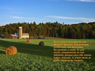De la cuna a la tumba es una escuela; por eso, lo que llamas problemas, son lecciones.  No perdiste a nadie: El que murió, simplemente se nos adelantó, porque para allá vamos todos. Además, lo mejor de él, el amor, sigue en tu corazón.  