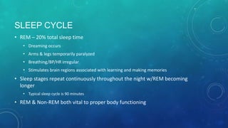 SLEEP CYCLE
• REM – 20% total sleep time
• Dreaming occurs
• Arms & legs temporarily paralyzed
• Breathing/BP/HR irregular
• Stimulates brain regions associated with learning and making memories
• Sleep stages repeat continuously throughout the night w/REM becoming
longer
• Typical sleep cycle is 90 minutes
• REM & Non-REM both vital to proper body functioning
 