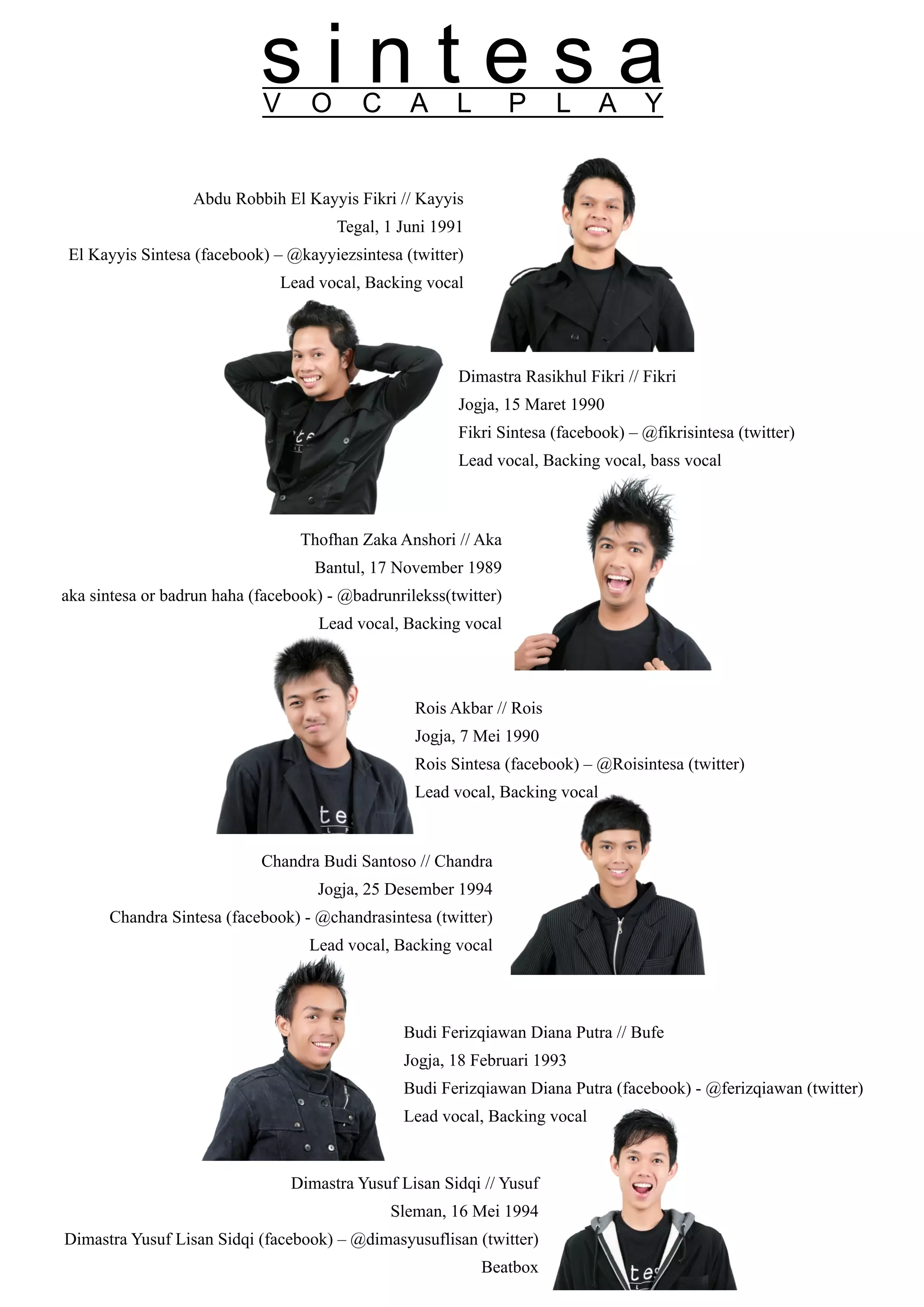 sintesa
                            V      O       C     A      L         P    L      A    Y


                  Abdu Robbih El Kayyis Fikri // Kayyis
                                       Tegal, 1 Juni 1991
 El Kayyis Sintesa (facebook) – @kayyiezsintesa (twitter)
                               Lead vocal, Backing vocal




                                                        Dimastra Rasikhul Fikri // Fikri
                                                        Jogja, 15 Maret 1990
                                                        Fikri Sintesa (facebook) – @fikrisintesa (twitter)
                                                        Lead vocal, Backing vocal, bass vocal



                                  Thofhan Zaka Anshori // Aka
                                    Bantul, 17 November 1989
aka sintesa or badrun haha (facebook) - @badrunrilekss(twitter)
                                    Lead vocal, Backing vocal



                                                  Rois Akbar // Rois
                                                  Jogja, 7 Mei 1990
                                                  Rois Sintesa (facebook) – @Roisintesa (twitter)
                                                  Lead vocal, Backing vocal



                            Chandra Budi Santoso // Chandra
                                    Jogja, 25 Desember 1994
      Chandra Sintesa (facebook) - @chandrasintesa (twitter)
                                   Lead vocal, Backing vocal




                                                Budi Ferizqiawan Diana Putra // Bufe
                                                Jogja, 18 Februari 1993
                                                Budi Ferizqiawan Diana Putra (facebook) - @ferizqiawan (twitter)
                                                Lead vocal, Backing vocal


                                Dimastra Yusuf Lisan Sidqi // Yusuf
                                               Sleman, 16 Mei 1994
Dimastra Yusuf Lisan Sidqi (facebook) – @dimasyusuflisan (twitter)
                                                            Beatbox
 