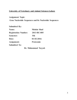 1
University of Veterinary and Animal Sciences Lahore
Assignment Topic:
Gene Nucleotide Sequences and Its Nucleotide Sequences
Submitted By:
Name: Mohsin Shad
Registration Number: 2013-BC-005
Semester: 5th
Date: 01-02-2016
Assignment: Proteomic
Submitted To:
Dr. Muhammad Tayyab
 